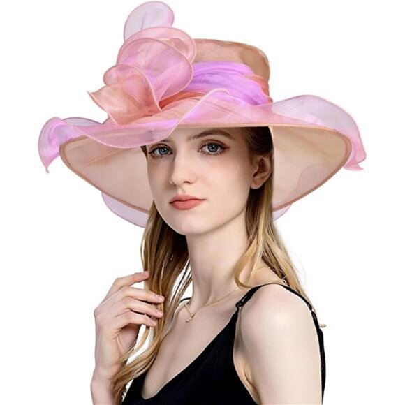 Derby Hats for Women, Classy Organza Sun Hat, Brown Pink main image 5
